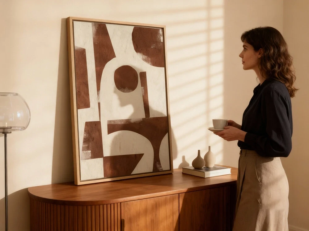 Artist viewing a framed artwork at home